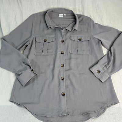 New Direction Women's Large Button Up Shirt Gray Long Sleeve Classic Capsule
