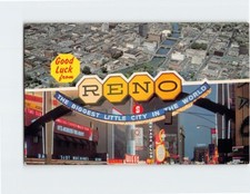 Postcard Reno's Arch at Nite  Daylight Aerial View of Reno Nevada USA