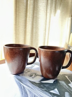 Vintage Raymor Roseville Autumn Brown Glossy Mugs Set of 2 MCM USA Pottery