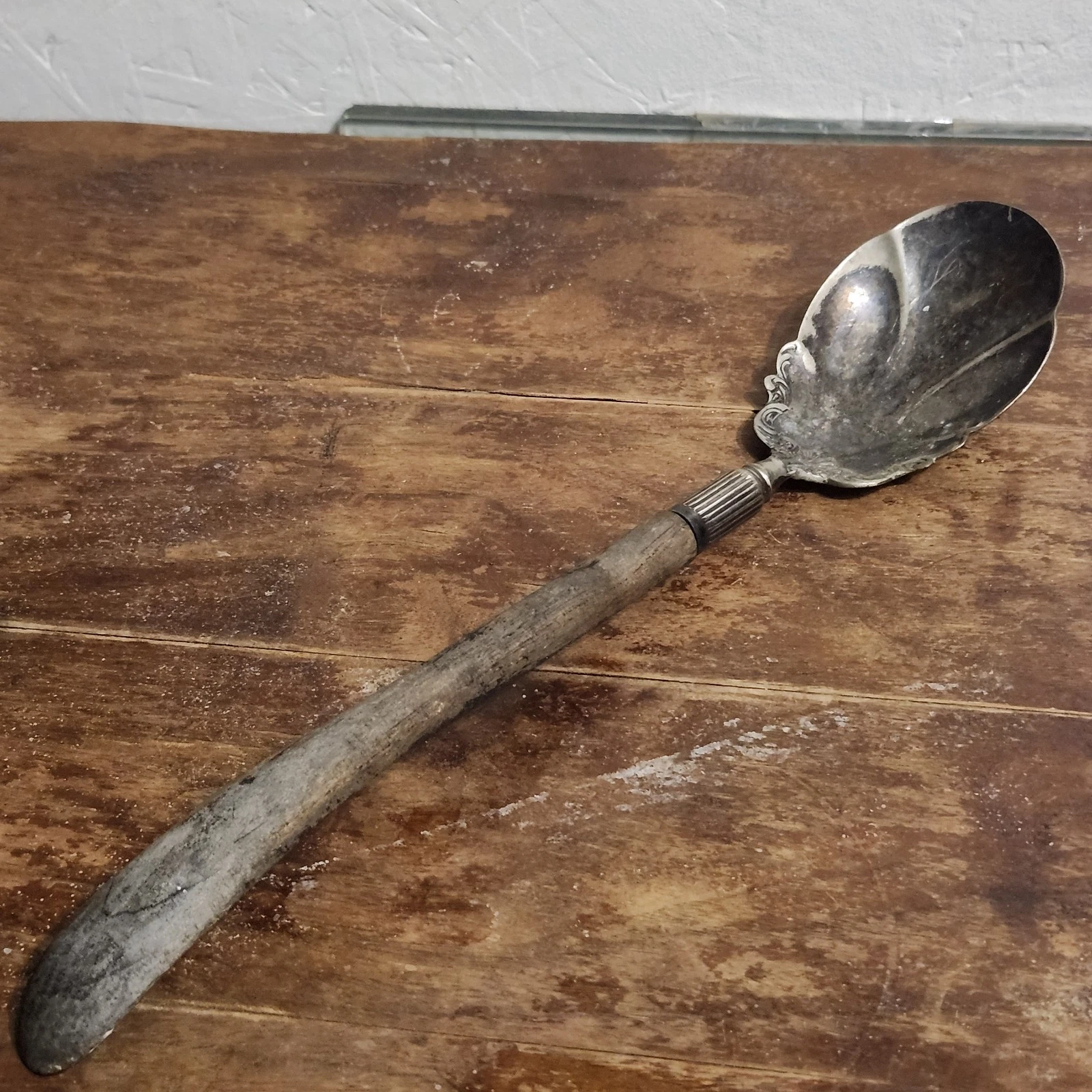 Antique Large Nickel Silver? Serving Spoon with Dark Wood Handle 12" Long