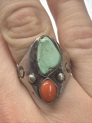 Turquoise Coral Sterling Silver Ring Native American Style Handmade Size 9