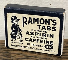 Ramon’s Tabs Aspirin And Caffeine Box Tin Apothecary Drugstore Contents