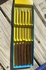 Set Of 6 Vintage Wood Handle Fondue Forks Color Tips Stainless Steel MCM Japan