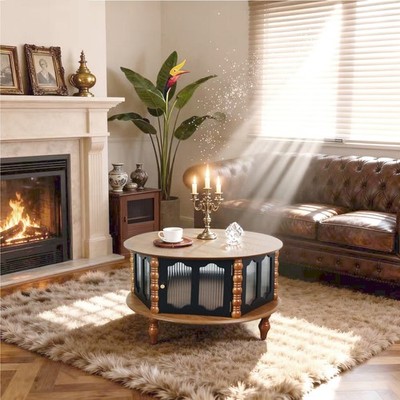 Round Coffee Table 3-Door Storage Cocktail Table w/ Wood Frame for Small Space