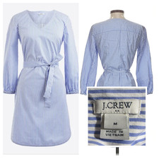 J.Crew Striped Poplin Shirt Dress M Blue White Belted L.slv. Nautical Beachy New