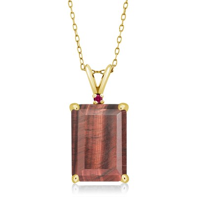 18K Yellow Gold Plated Silver Red Tiger Eye and Created Ruby Pendant Necklace