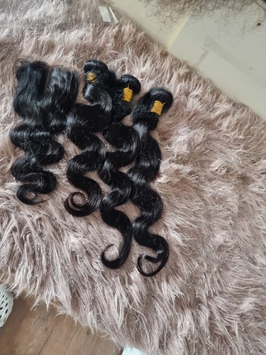 12A 18+20+22&16INCH CLOSURE CAMBODIAN VIRGIN HUMAN HAIR BODY WAVE NATURAL BLACK - Picture 3 of 4