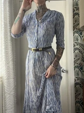 Vtg 1940s Nelly Don Sheer Printed Day Dress Pearl Buttons Ruching Pin Up Small