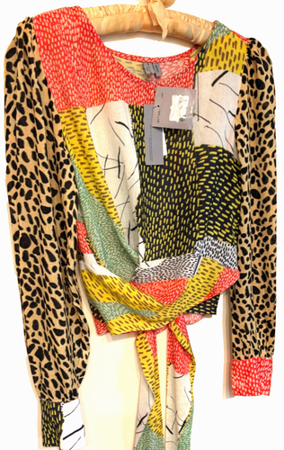 NWT $120 Blank London Multi Patchwork Wrap Cropped Top Sleeves Split Back size M - Picture 4 of 14