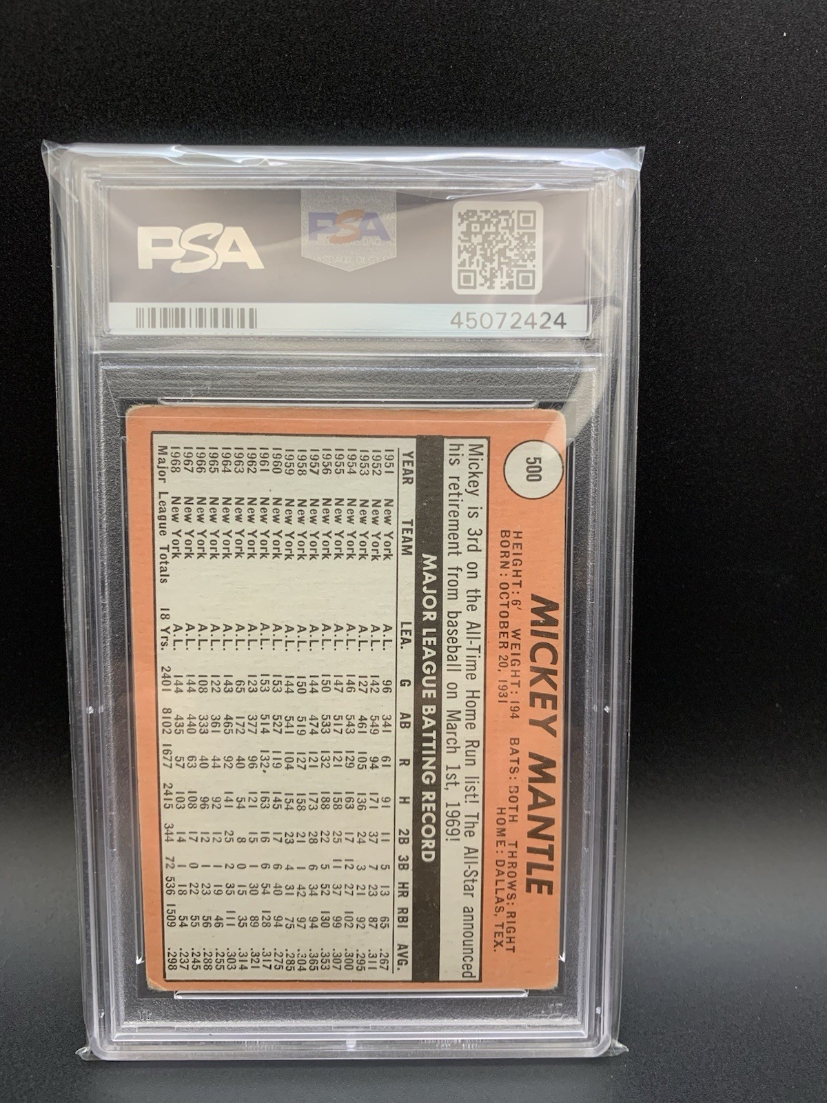 1969 Topps - Mickey Mantle #500 White Letter Psa 2 view 2