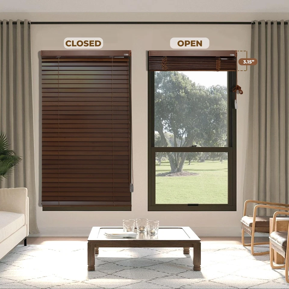 Persianas venecianas de madera de álamo marrón, 34" de ancho x 60" de largo x 7 D, ajuste personalizado horizontal... Foto 3 de 4