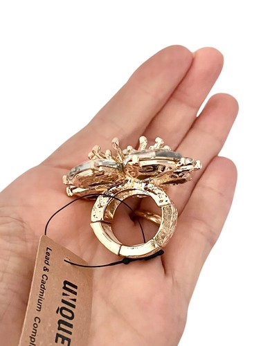 Flower Statement Stretchable Cocktail Ring Iridescent Vitrail Crystals Gold Tone - Picture 3 of 4