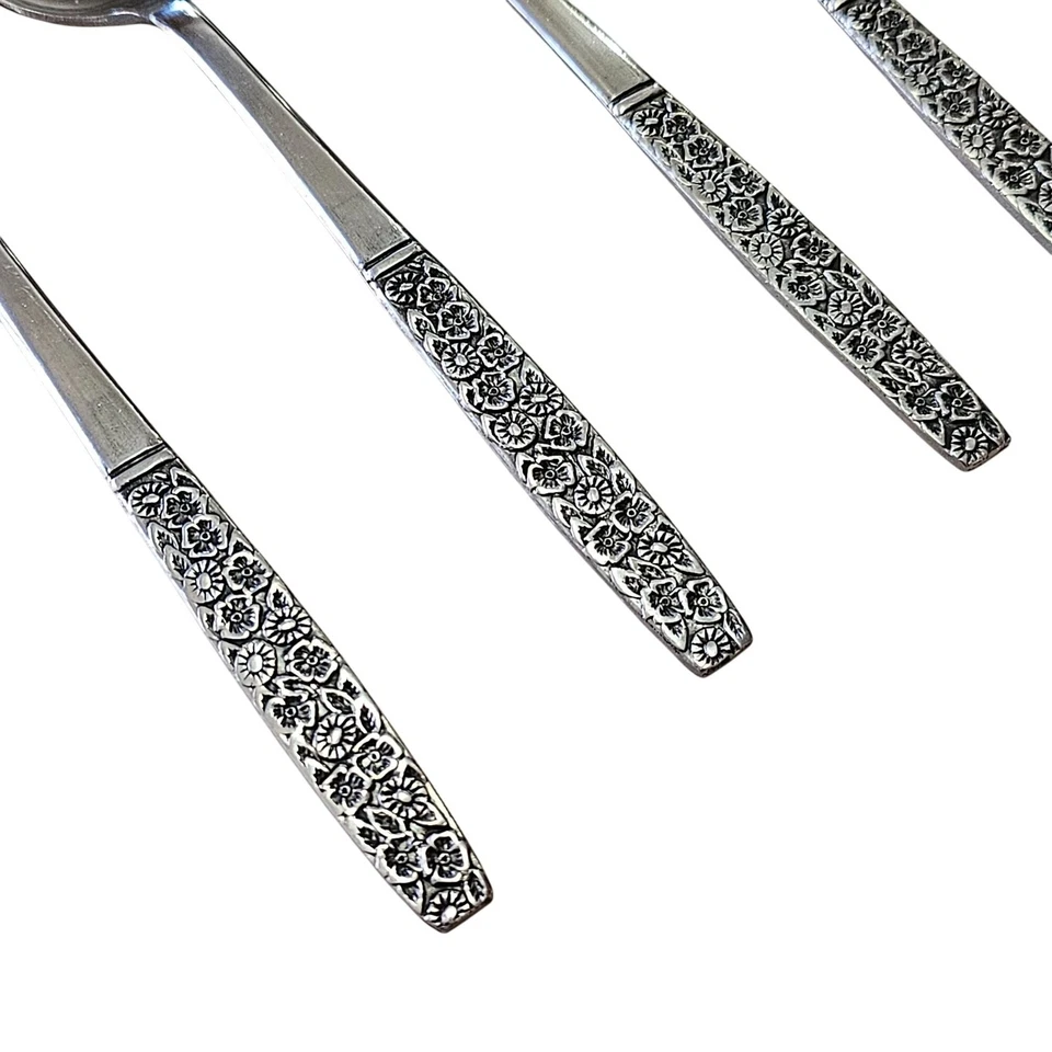 4 Rogers Fragrant Rose Spoon 6" stainless MCM Mod daisy floral Japan 70s vtg  - Image 2 of 4