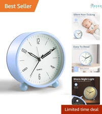 Analog Alarm Clock Sky Blue Small 4 Inch Silent Night Light Bedside Desk