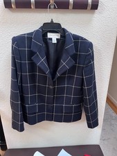 Jones New York Blazer Womens Navy Windowpane Check 100 Wool Lined Notch Lapel M