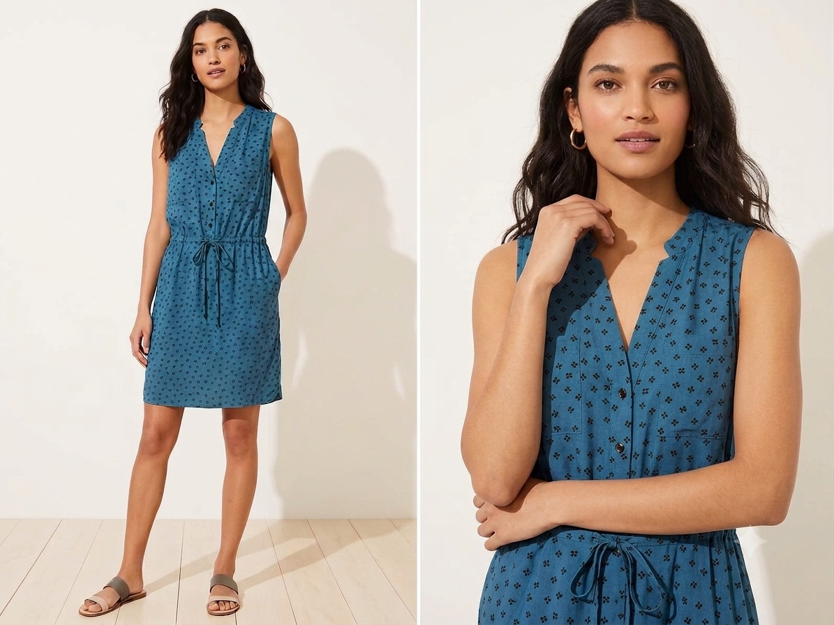 LOFT Women Blue Geometric Print Sleeveless Dress Tie Waist Pockets Casual S Q3