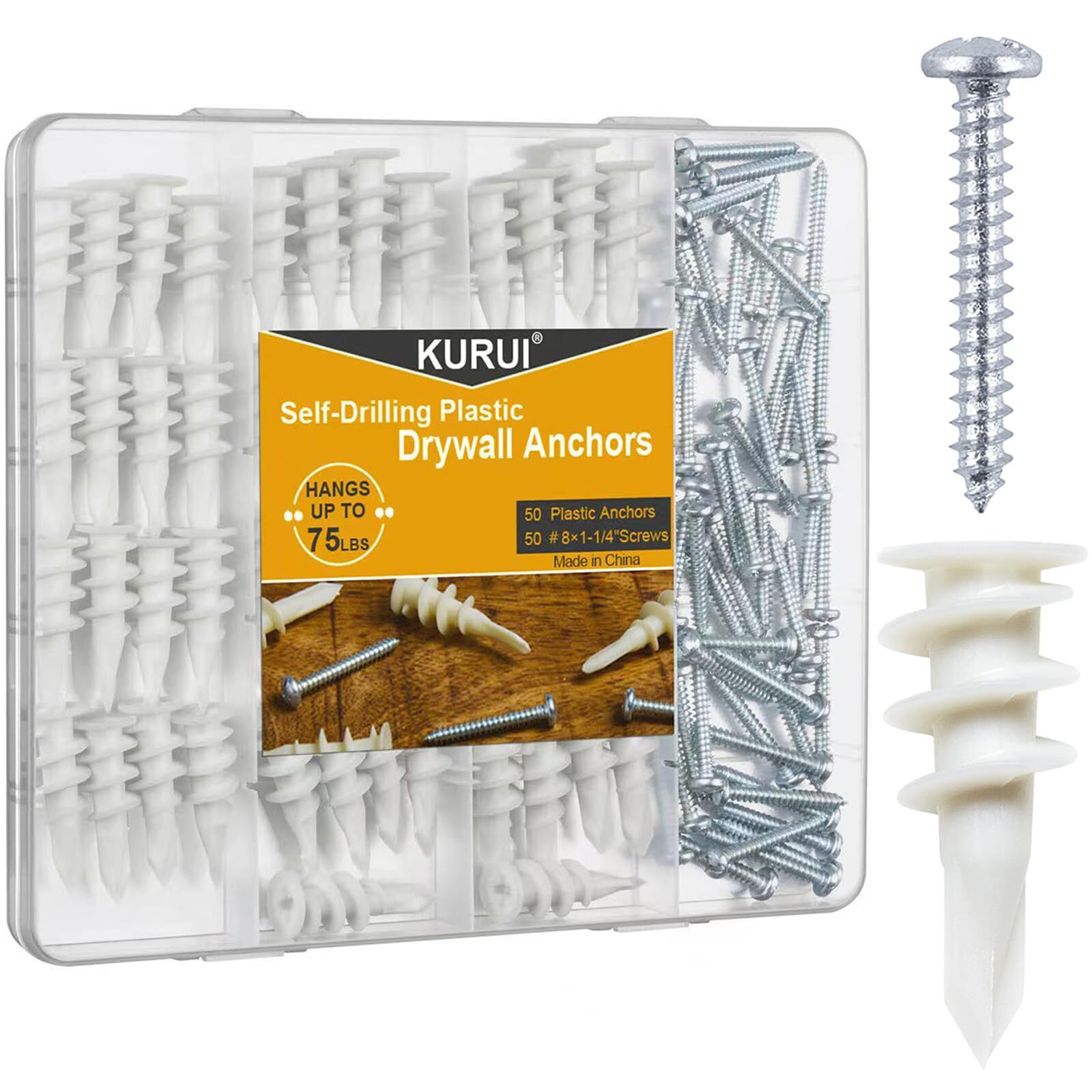 KURUI #8 Self Drilling Drywall Anchors Kit 100PCs with Screws