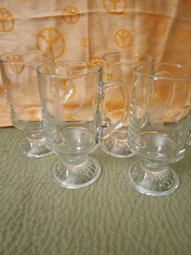 Princess House Heritage Crystal Mug Set of 4 Floral Etch Footed Tea/Coffee Cups