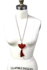 Vtg Chinese Red Cinnabar NECKLACE PENDANT Carved Butterfly Heart Pendant 28"