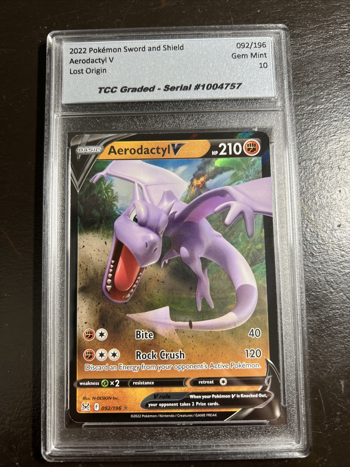 Pokemon Lost Origin Aerodactyl V 092/196 TCC Graded Gem Mint 10