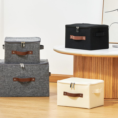 Storage Bins with Zipper Lid Cotton Linen Fabric Lidded Storage Baskets Boxes Fo - Picture 6 of 12