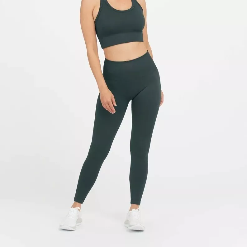 SPANX Seamless Sculpt Chevron Ribbed Leggings in Dark Emerald XS