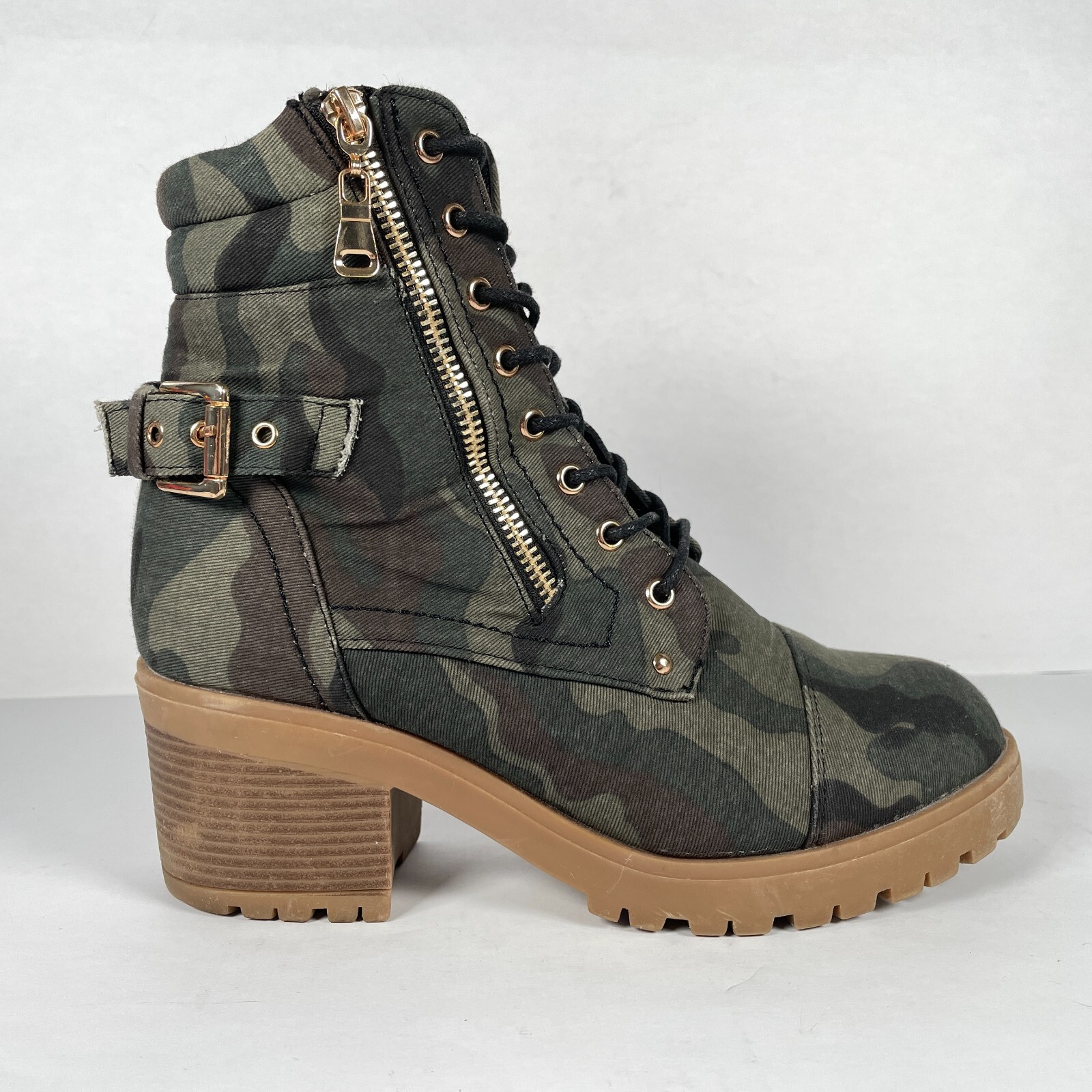 Catherine Malandrino Womens Size 8.5 Camo Boots Green Canvas Combat Lace Up Shoe