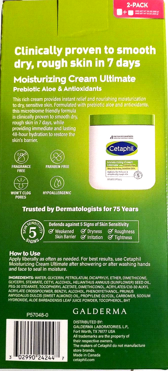 Cetaphil Moisturizing Cream Ultimate with Prebiotic Aloe, 2 Pack