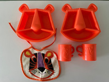 Vintage Plastic Orange Tiger Doll Dishes-2 With Matching Cups-2  1 Bib