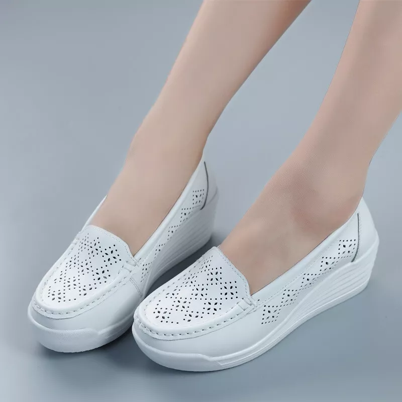 Womens White Soft Bottom Nurse Shoes Wedge Heel Work Pumps Leather Nursing Shoes