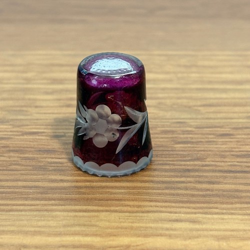 Vintage Thimble Etched Glass Floral Design Ruby Wine Red Western Germany