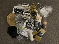 HUGE LOT Gold Silver Black Happy Birthday or NYE Decor-plates, napkins, backdrop