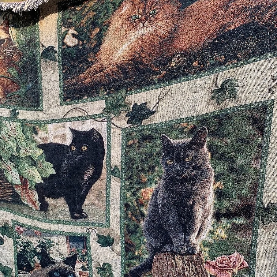 Vintage Cat Woven Tapestry Throw Blanket Fringed Ivy Cat Lover Cottagecore - Image 2 of 4