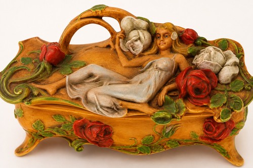 Vintage Art Nouveau Style Figural Trinket Box Lady Roses Jewelry Casket