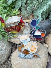 Vintage Faux Stained Glass Suncatcher Lot Girl Sunbonnet Koala Cardinal Bird