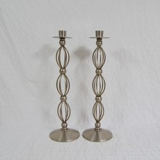 Vintage Silver Metal Candle Holders Pair, Brushed Metal Taper Candle Holder Tall