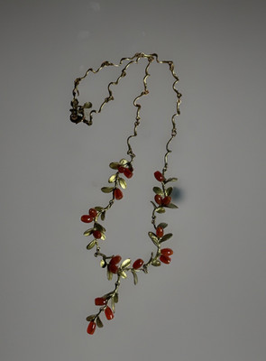 25. Michael Michaud Carnelian Berry Hand Painted Bronze Twigs link Necklace 16''+
