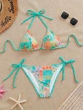Tropical Print Halter Bikini Set Triangle Cup High Waist Tie Side Swimsuit