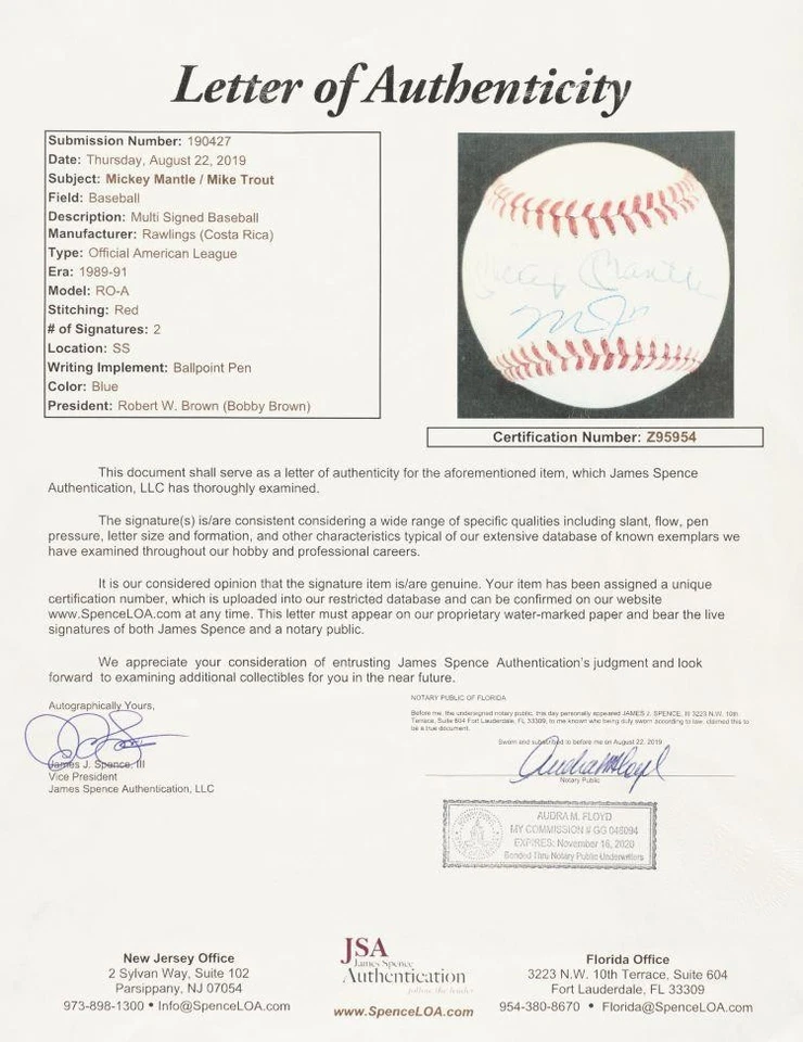 Mickey Mantle Mike Trout Signed American League Baseball JSA Z95954 - Image 3 of 3