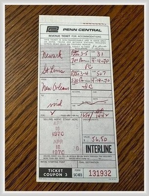 Penn Central RR Passenger Ticket 1970 Newark to New Orleans VOID Travel Train