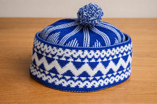 Blue Kufi Haji Cap Zigzag Traditional Islamic Turkish Muslim Prayer Hat African