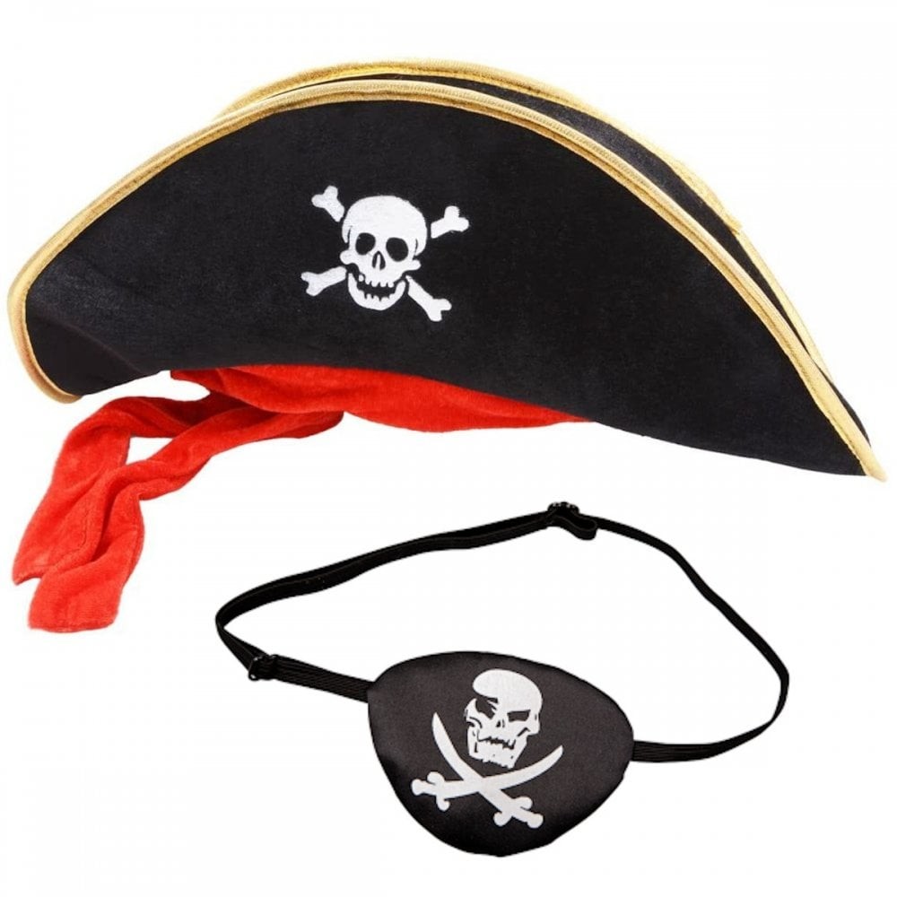 Mens Black Pirate Hat w Red Bandana + Skull & Crossbones Eyepatch Fancy Dress