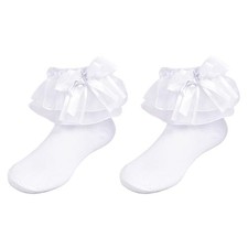 Pairs Girls Ruffle Frilly Socks Adorable Tutu Mini Bow 4-6 Years 2 White