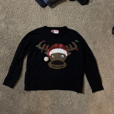 Merry Christmas Reindeer Large Black Sweater Granny USA Boxy