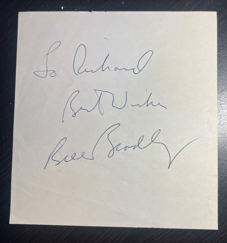 Bill Bradley Autograph in pen "To Richard Best Wishes Bill Bradley" on 5" x5"