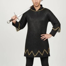 9MM Flat Chainmail Shirt Blackened Steel with Brass Trim Viking Costume for Ren