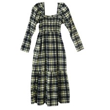 Ganni Elfin Yellow Seersucker Smocked Plaid Maxi Dress Size 34 Approx US 2