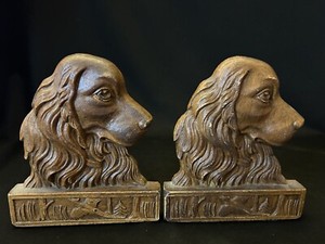 Vintage Faux Wood Carved Hunting Bird Dog & Pheasant Bookends 