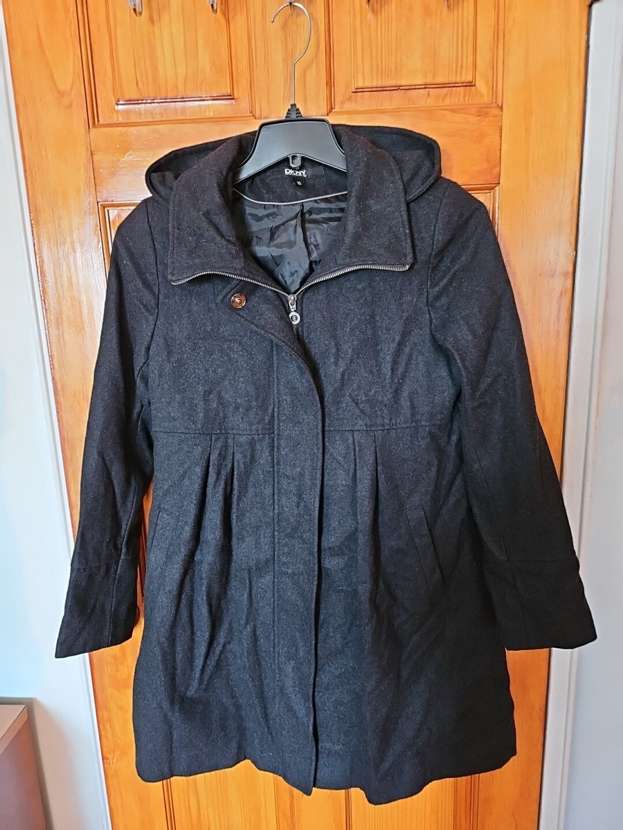 DKNY Womens Wool 60% Removable Hood Lined Gray Coat Size 10 NWOT