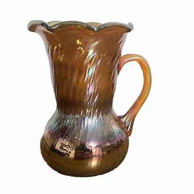 VTG Pilgrim Glass Carnival Iridescent Swirl Vase Creamer Ribbed Handle Scalloped